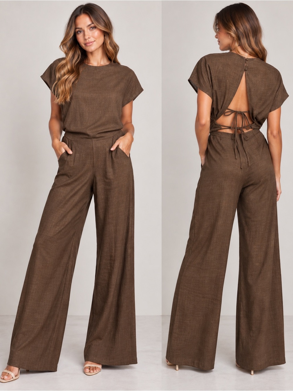 Klesis Brown Wide Leg Open Back Tie Jumpsuit Size M NWT
